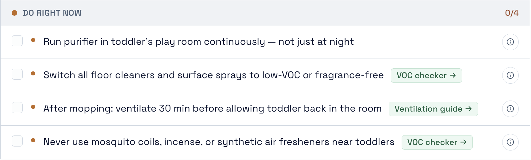 Do Right Now checklist for toddler air quality: run purifier continuously, switch to low-VOC cleaners, ventilate after mopping, avoid mosquito coils and incense