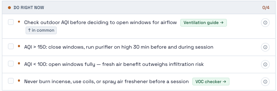 Do Right Now checklist for exercise air quality: check outdoor AQI before opening windows, close windows and run purifier above AQI 150, open windows below AQI 100, never burn incense or coils before a session