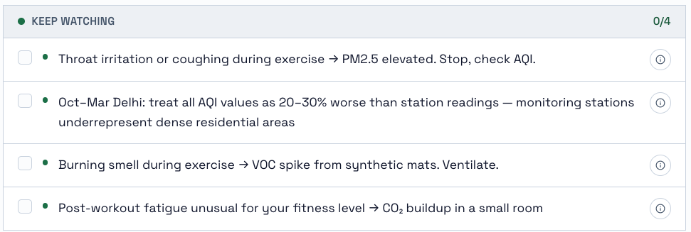 Keep Watching checklist for exercise air quality: throat irritation or coughing signals elevated PM2.5, Delhi winter AQI readings run worse than stations report, burning smell signals a VOC spike, unusual post-workout fatigue signals CO2 buildup