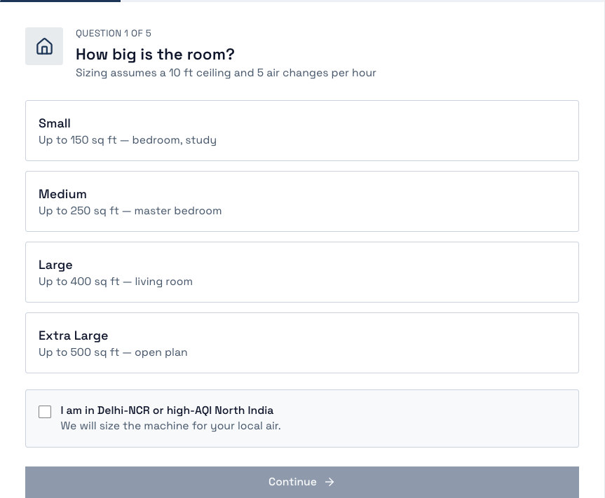 Finder question one: room size bands from 150 to 500 sq ft, with a Delhi-NCR checkbox