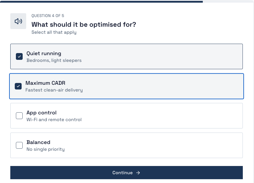 Finder question four: priorities — quiet running, maximum CADR, app control or balanced