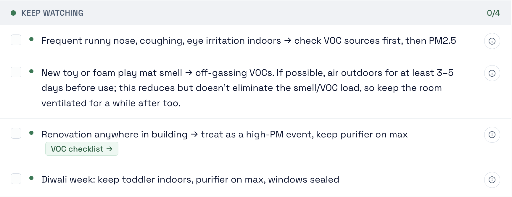 Keep Watching checklist for toddler air quality: symptoms to check, new toy off-gassing, renovation in the building, and Diwali week precautions