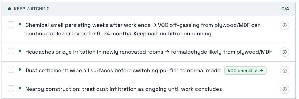 Keep Watching checklist for renovation air quality: chemical smell persisting weeks after work ends, headaches or eye irritation in renovated rooms, dust settlement before switching purifier modes, ongoing dust infiltration from nearby construction