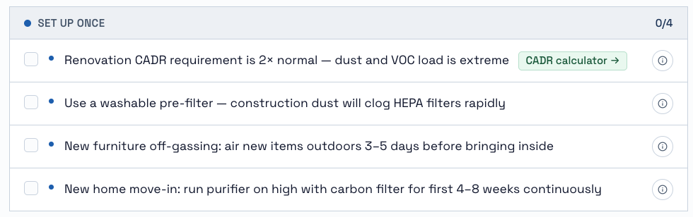 Set Up Once checklist for renovation air quality: purifier CADR sized at twice the normal recommendation, washable pre-filter to protect against construction dust, airing new furniture outdoors before bringing it inside, running the purifier on high for the first weeks after move-in
