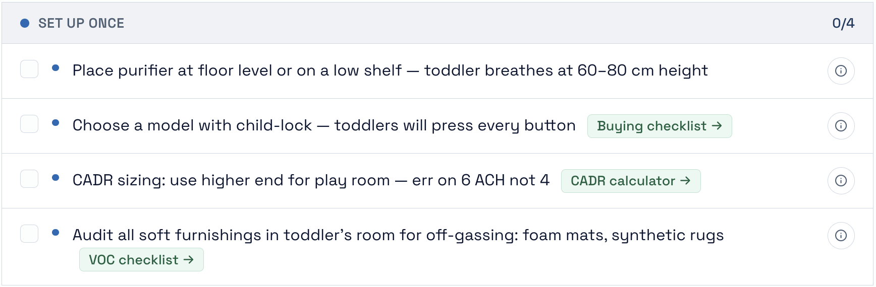 Set Up Once checklist for toddler air quality: purifier placement at floor level, child-lock, CADR sizing for 6 ACH, soft furnishing audit